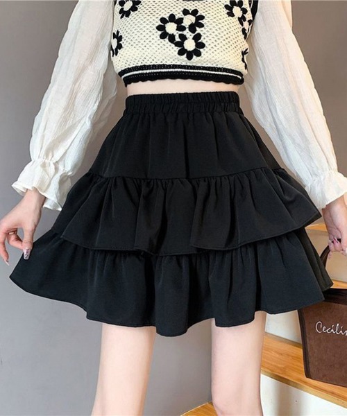 SHEPP（シープ）の「ティアード ミニ フレアスカート（スカート・レディース・ホワイト/ブラック・S/L/M）」の2枚目の写真