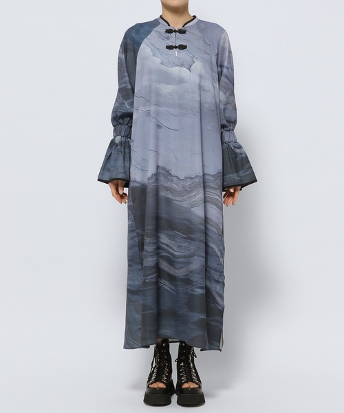 HARE ハレ チャイナワンピース 総柄 ロング グレー ブラック アート風 F HARE ハレ チャイナワンピース 総柄 ロング グレー ブラック