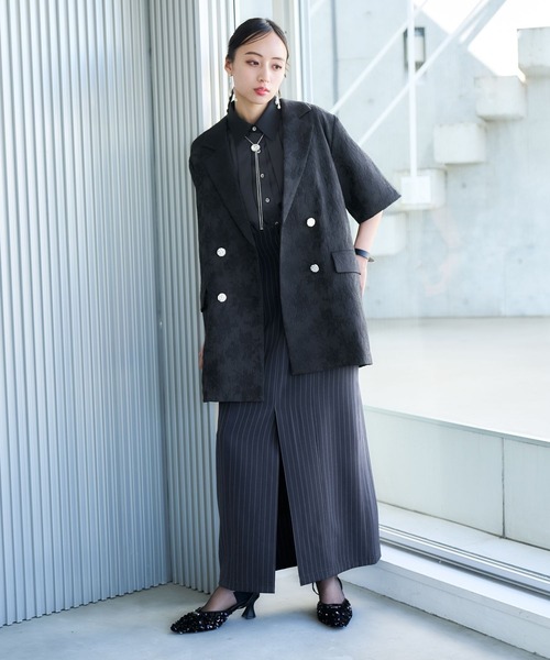 HARE ジャガードミドルテーラードジャケット 5分袖 ブラック F HARE ジャガードミドルテーラードジャケット 5分袖 ブラック F