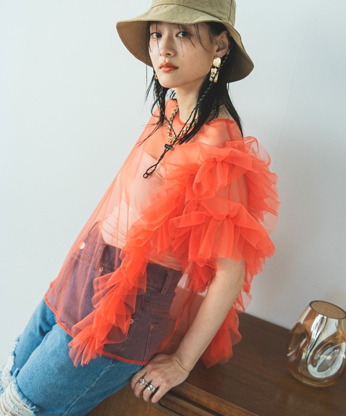オレンジ フリル ベアトップ カラードレス オレンジ ベアトップ 胸元フリル クラシカル