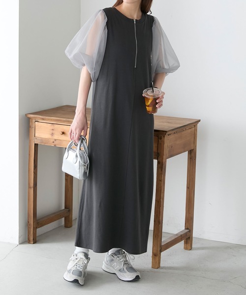 BONLECILL(ボンルシール)の「2wayチュールボリュームスリーブハーフジップワンピース(ワンピース・レディース・アイボリー/ブラック/チャコールグレー・FREE)」の3枚目の写真
