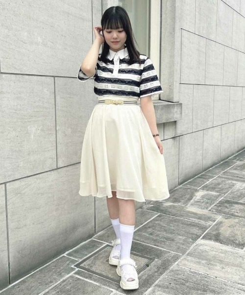 F i.n.t（フィント）の「ラインゴムベルト付きシアースカート/fint（スカート・レディース・ネイビー/アイボリー・FREE）」の3枚目の写真