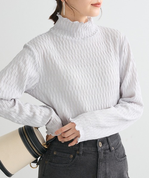 Petit fleur(プチフルール)の「・Petit Fleur ジャカードハイネックロンTEE(Tシャツ/カットソー・レディース・チャコールグレー/オフホワイト/グレイッシュベージュ/ブラック/ライトグレー・FREE)」の4枚目の写真