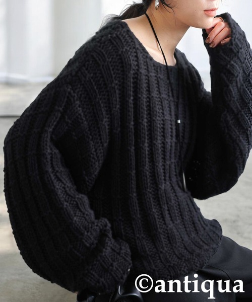 antiqua(アンティカ)の「ローゲージショートニット(ニット/セーター・レディース・ネイビー/ベージュ/ブラック・ONESIZE)」の1枚目の写真