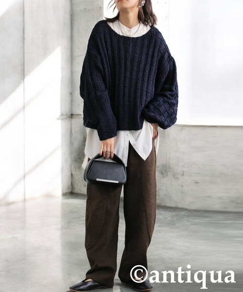 antiqua(アンティカ)の「ローゲージショートニット(ニット/セーター・レディース・ネイビー/ベージュ/ブラック・ONESIZE)」の17枚目の写真