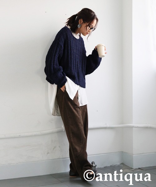 antiqua(アンティカ)の「ローゲージショートニット(ニット/セーター・レディース・ネイビー/ベージュ/ブラック・ONESIZE)」の18枚目の写真