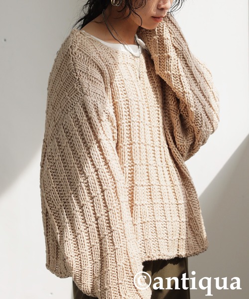 antiqua(アンティカ)の「ローゲージショートニット(ニット/セーター・レディース・ネイビー/ベージュ/ブラック・ONESIZE)」の7枚目の写真