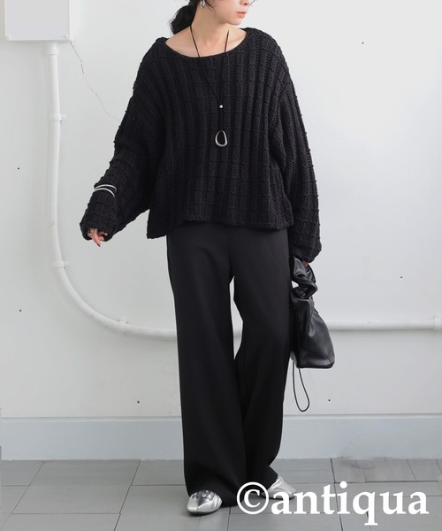 antiqua(アンティカ)の「ローゲージショートニット(ニット/セーター・レディース・ネイビー/ベージュ/ブラック・ONESIZE)」の4枚目の写真