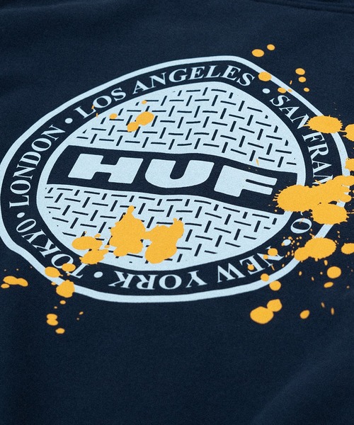 HUF（ハフ）の「MANHOLE FLEECE FULL ZIP HOODIE / HUF ハフ ヘビーウェイト プリントロゴ パーカー（パーカー・メンズ・アッシュグレー/ブラック/ネイビー・X-LARGE/LARGE/MEDIUM/SMALL/XX-LARGE）」の12枚目の写真