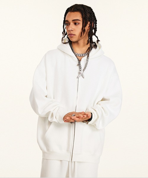 MOBB ホワイト ジップアップ パーカー セットアップ対応】ビッグシルエット裏起毛ジップパーカー（パーカー