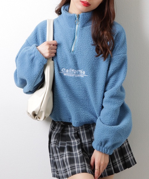 セール】ボア ロゴ 刺繍 ハーフジップ プルオーパー トップス