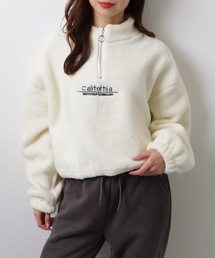 ボア ロゴ 刺繍 ハーフジップ プルオーパー トップス