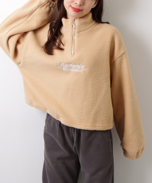 セール】ボア ロゴ 刺繍 ハーフジップ プルオーパー トップス