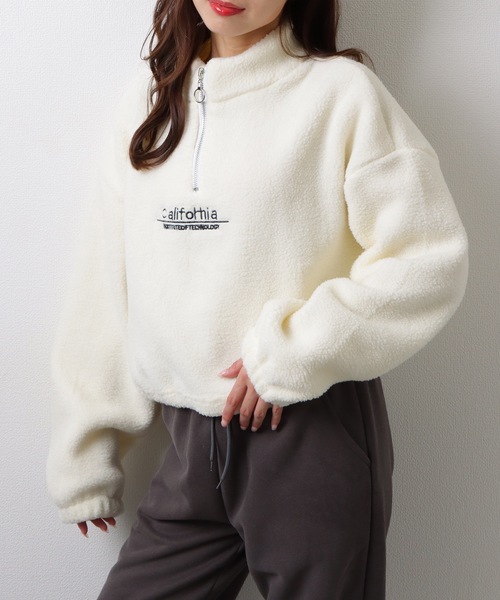 セール】ボア ロゴ 刺繍 ハーフジップ プルオーパー トップス