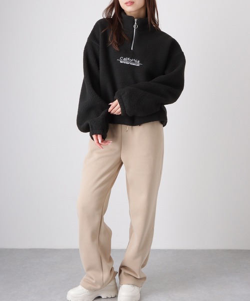 セール】ボア ロゴ 刺繍 ハーフジップ プルオーパー トップス