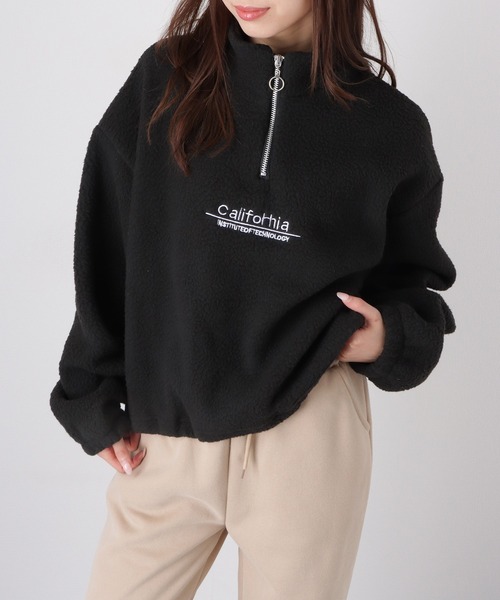 セール】ボア ロゴ 刺繍 ハーフジップ プルオーパー トップス