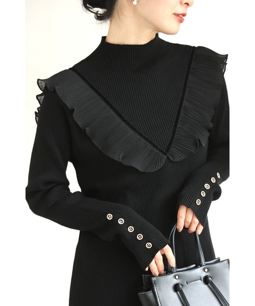 （黒）可愛らしさを添えたプリーツフリルのニットカットソートップス（Tシャツ/カットソー）｜CAWAII（カワイイ）