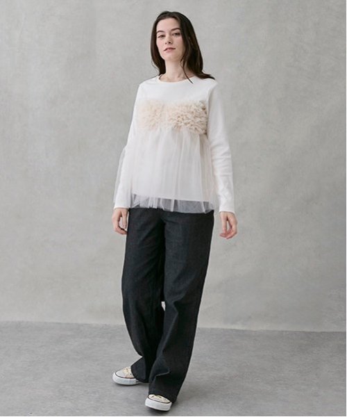 petit main LIEN(プティマインリアン)の「【リンク】チュールビスチェドッキング長T(Tシャツ/カットソー・レディース・ライトピンク/オフホワイト・F)」の4枚目の写真