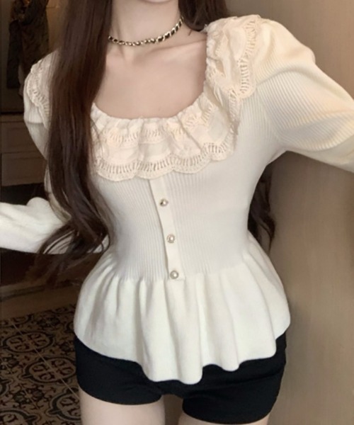 Mejoul（メジュール）の「レースペプラム フリルパールスリムリブニット（ニット/セーター・レディース・アイボリー/ブラック・F）」の2枚目の写真