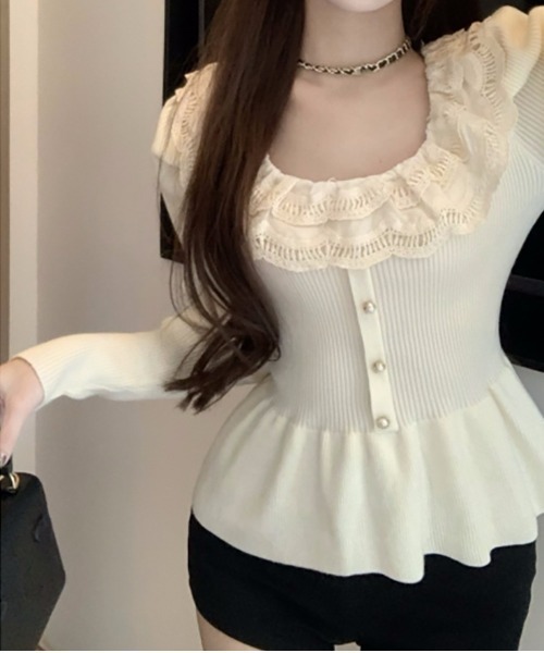 Mejoul（メジュール）の「レースペプラム フリルパールスリムリブニット（ニット/セーター・レディース・アイボリー/ブラック・F）」の3枚目の写真