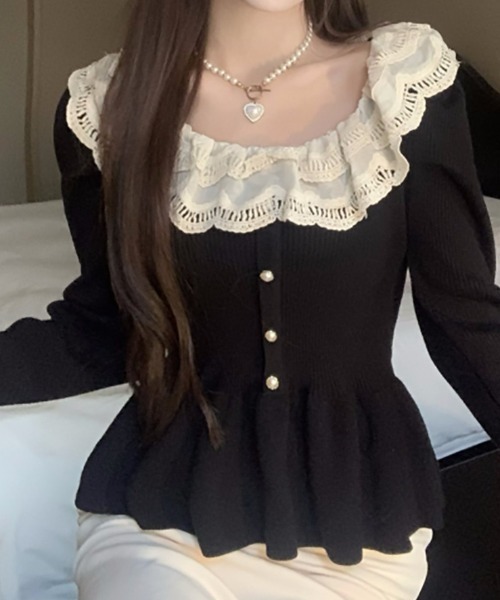 Mejoul（メジュール）の「レースペプラム フリルパールスリムリブニット（ニット/セーター・レディース・アイボリー/ブラック・F）」の5枚目の写真