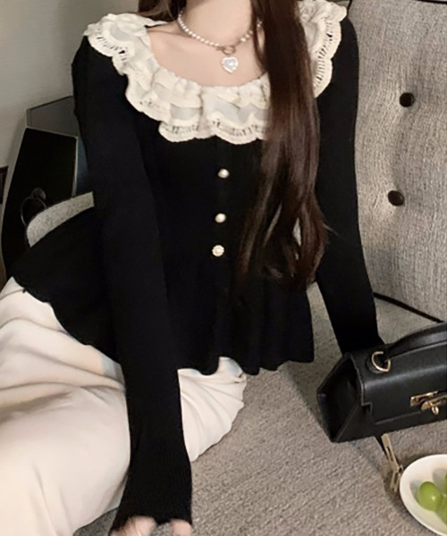 Mejoul（メジュール）の「レースペプラム フリルパールスリムリブニット（ニット/セーター・レディース・アイボリー/ブラック・F）」の6枚目の写真