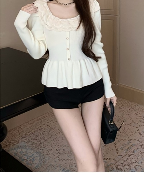 Mejoul（メジュール）の「レースペプラム フリルパールスリムリブニット（ニット/セーター・レディース・アイボリー/ブラック・F）」の4枚目の写真