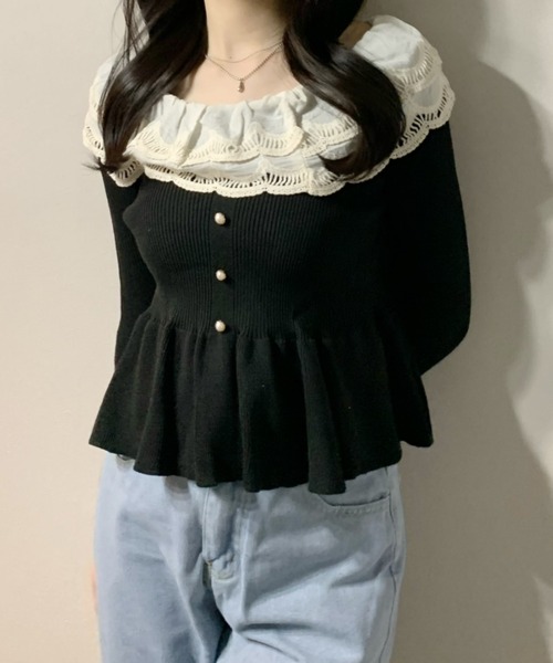 Mejoul（メジュール）の「レースペプラム フリルパールスリムリブニット（ニット/セーター・レディース・アイボリー/ブラック・F）」の11枚目の写真