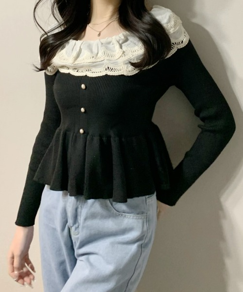 Mejoul（メジュール）の「レースペプラム フリルパールスリムリブニット（ニット/セーター・レディース・アイボリー/ブラック・F）」の12枚目の写真