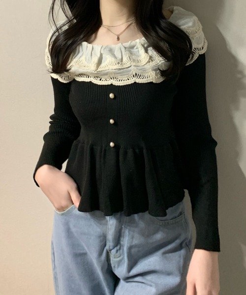 Mejoul（メジュール）の「レースペプラム フリルパールスリムリブニット（ニット/セーター・レディース・アイボリー/ブラック・F）」の7枚目の写真