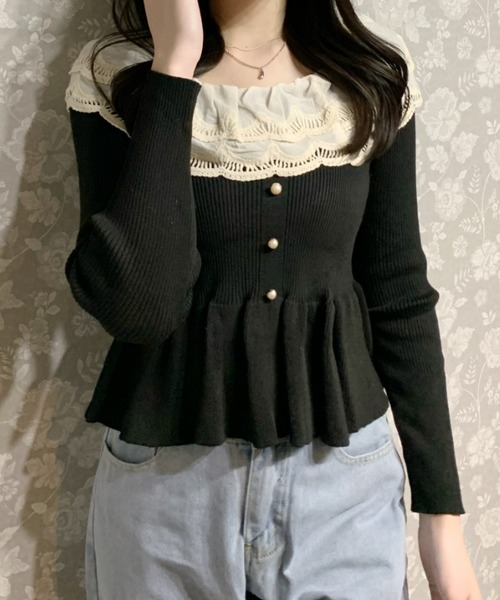 Mejoul（メジュール）の「レースペプラム フリルパールスリムリブニット（ニット/セーター・レディース・アイボリー/ブラック・F）」の8枚目の写真