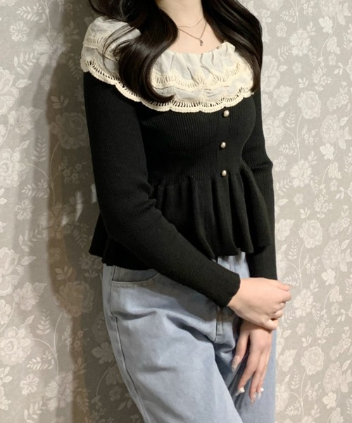 Mejoul（メジュール）の「レースペプラム フリルパールスリムリブニット（ニット/セーター・レディース・アイボリー/ブラック・F）」の9枚目の写真