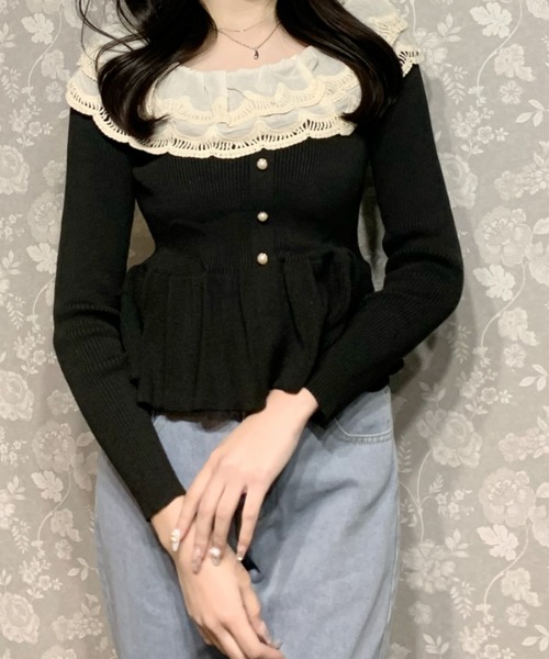 Mejoul（メジュール）の「レースペプラム フリルパールスリムリブニット（ニット/セーター・レディース・アイボリー/ブラック・F）」の10枚目の写真