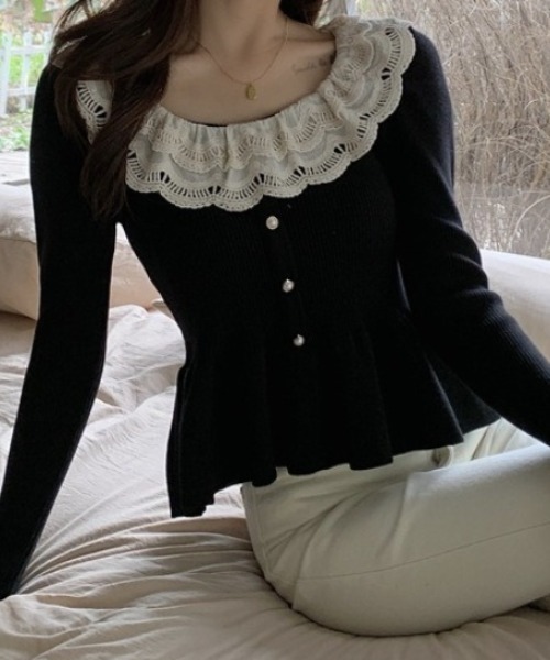 Mejoul（メジュール）の「レースペプラム フリルパールスリムリブニット（ニット/セーター・レディース・アイボリー/ブラック・F）」の20枚目の写真