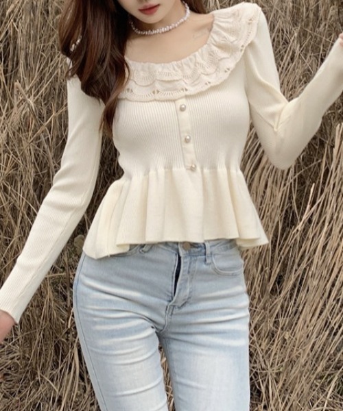 Mejoul（メジュール）の「レースペプラム フリルパールスリムリブニット（ニット/セーター・レディース・アイボリー/ブラック・F）」の14枚目の写真