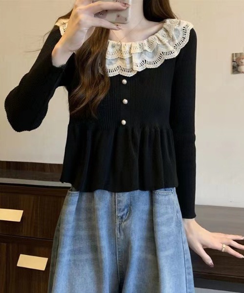 Mejoul（メジュール）の「レースペプラム フリルパールスリムリブニット（ニット/セーター・レディース・アイボリー/ブラック・F）」の17枚目の写真