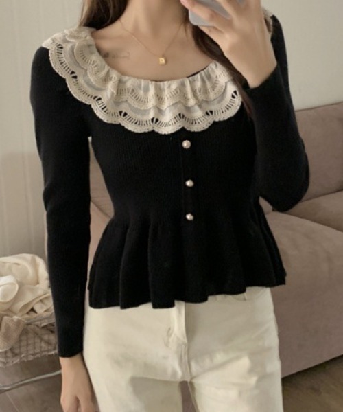 Mejoul（メジュール）の「レースペプラム フリルパールスリムリブニット（ニット/セーター・レディース・アイボリー/ブラック・F）」の16枚目の写真