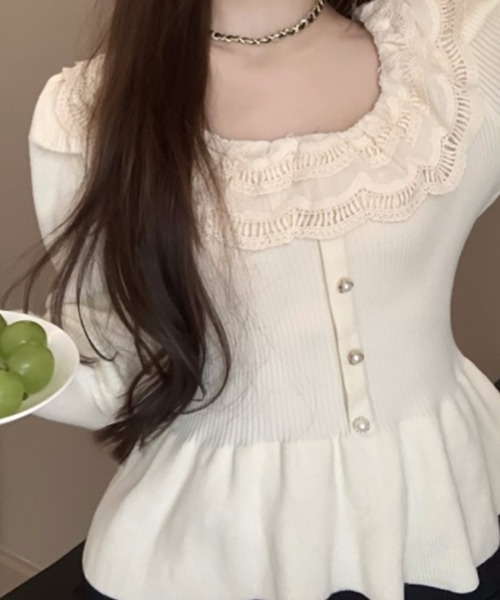 Mejoul（メジュール）の「レースペプラム フリルパールスリムリブニット（ニット/セーター・レディース・アイボリー/ブラック・F）」の15枚目の写真