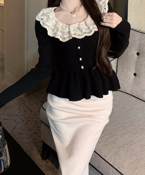 Mejoul（メジュール）の「レースペプラム フリルパールスリムリブニット（ニット/セーター・レディース・アイボリー/ブラック・F）」の19枚目の写真