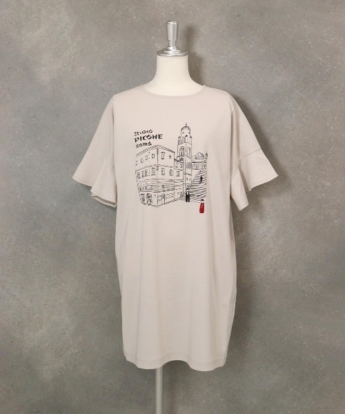 STUDIO PICONE(スタジオピッコーネ)の「袖フリルイラストチュニック(Tシャツ/カットソー・レディース・ブラック/ネイビー/ベージュ・LL/M/L)」の2枚目の写真