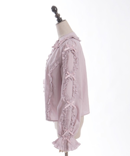 【新品未使用】シャルミエール　フリルブラウス　白ピンク Chalmiere（シャルミエール）の「フリルブラウス（シャツ/ブラウス