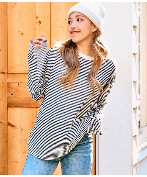 anap mimpi(アナップミンピ)の「シアー カラー ボーダー ロングスリーブ カットソー 長袖 Tシャツ(Tシャツ/カットソー・レディース・ベージュ/ネイビー/イエロー×グリーン・FREE)」の3枚目の写真