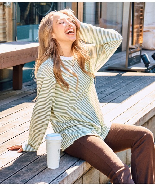 anap mimpi(アナップミンピ)の「シアー カラー ボーダー ロングスリーブ カットソー 長袖 Tシャツ(Tシャツ/カットソー・レディース・ベージュ/ネイビー/イエロー×グリーン・FREE)」の1枚目の写真