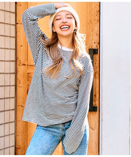 anap mimpi(アナップミンピ)の「シアー カラー ボーダー ロングスリーブ カットソー 長袖 Tシャツ(Tシャツ/カットソー・レディース・ベージュ/ネイビー/イエロー×グリーン・FREE)」の20枚目の写真