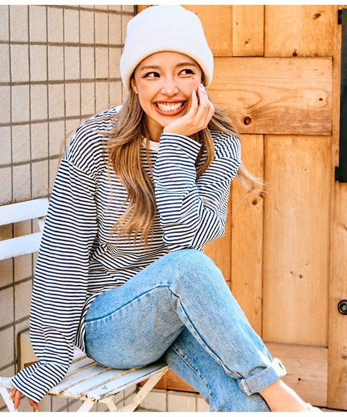 anap mimpi(アナップミンピ)の「シアー カラー ボーダー ロングスリーブ カットソー 長袖 Tシャツ(Tシャツ/カットソー・レディース・ベージュ/ネイビー/イエロー×グリーン・FREE)」の16枚目の写真