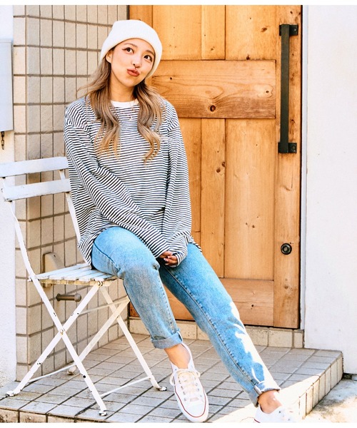 anap mimpi(アナップミンピ)の「シアー カラー ボーダー ロングスリーブ カットソー 長袖 Tシャツ(Tシャツ/カットソー・レディース・ベージュ/ネイビー/イエロー×グリーン・FREE)」の17枚目の写真