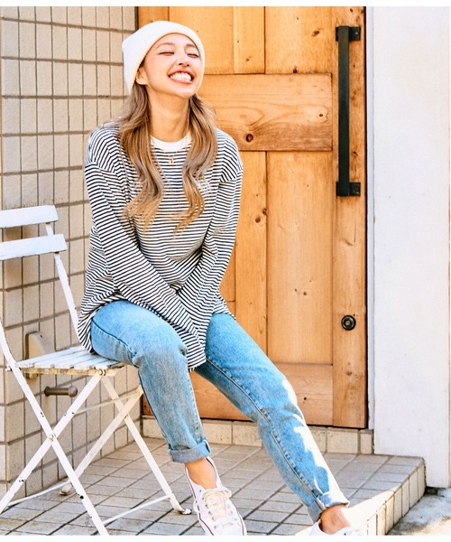 anap mimpi(アナップミンピ)の「シアー カラー ボーダー ロングスリーブ カットソー 長袖 Tシャツ(Tシャツ/カットソー・レディース・ベージュ/ネイビー/イエロー×グリーン・FREE)」の18枚目の写真