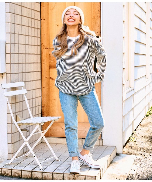 anap mimpi(アナップミンピ)の「シアー カラー ボーダー ロングスリーブ カットソー 長袖 Tシャツ(Tシャツ/カットソー・レディース・ベージュ/ネイビー/イエロー×グリーン・FREE)」の21枚目の写真