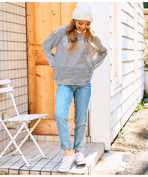 anap mimpi(アナップミンピ)の「シアー カラー ボーダー ロングスリーブ カットソー 長袖 Tシャツ(Tシャツ/カットソー・レディース・ベージュ/ネイビー/イエロー×グリーン・FREE)」の10枚目の写真