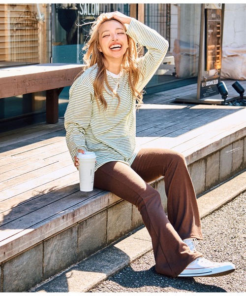 anap mimpi(アナップミンピ)の「シアー カラー ボーダー ロングスリーブ カットソー 長袖 Tシャツ(Tシャツ/カットソー・レディース・ベージュ/ネイビー/イエロー×グリーン・FREE)」の13枚目の写真